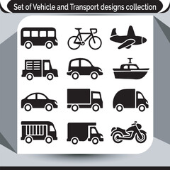Variety of Transportation Icons Featuring Car, Truck, Bus, Bicycle, Airplane, Boat, and Motorcycle in a Simple and Modern Design