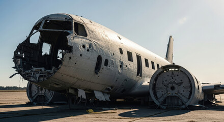 Weathered aircraft carcass, a relic of time and aviation history, sitting in a desolate outdoor setting. Its decaying fuselage reveals a story of abandonment, and the details of its former glory