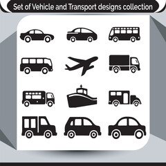 Diverse Vehicle and Transportation Design Collection Featuring Cars, Buses, Airplanes, Trucks, and Boats in a Minimalist Style