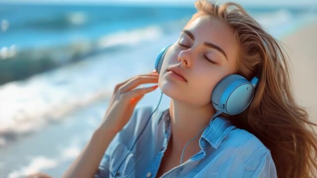 A woman sits on the beach wearing headphones, enjoying her favorite tunes