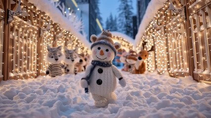 Cheerful snowman in winter wonderland. Festive holiday scene with glowing lights and snow. Christmas decoration for greeting card, social media, or seasonal display. - Powered by Adobe