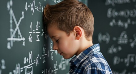 Frustrated young student leans head against blackboard covered in complex math equations