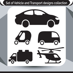 Vehicle and Transportation Icon Set Graphic Design Collection Black and White Minimalist Transport Vehicles and Helicopter Transporting Freight
