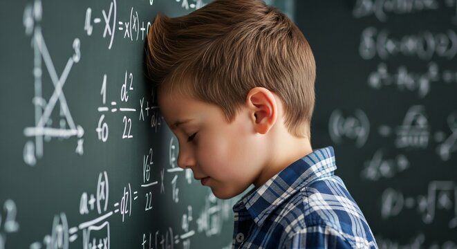 Frustrated young student leans head against blackboard covered in complex math equations