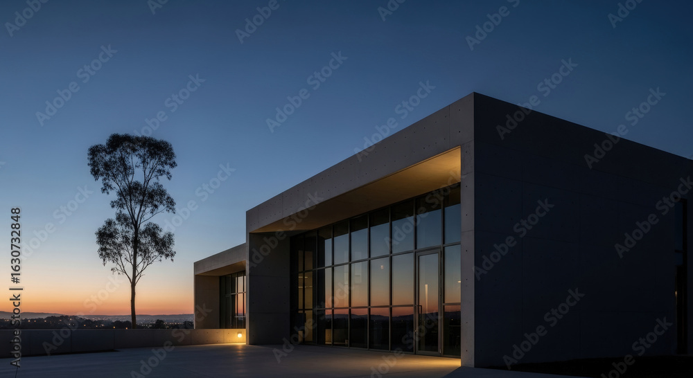 Poster a minimalist building with a large glass windows at dawn. the setting sun casts a warm glow, creatin