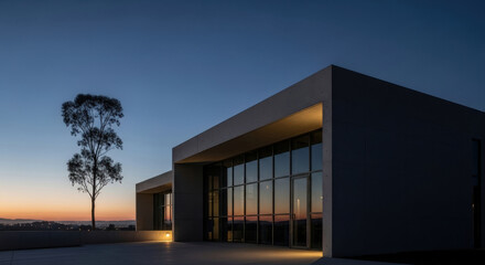 A minimalist building with a large glass windows at dawn. The setting sun casts a warm glow, creating a tranquil scene