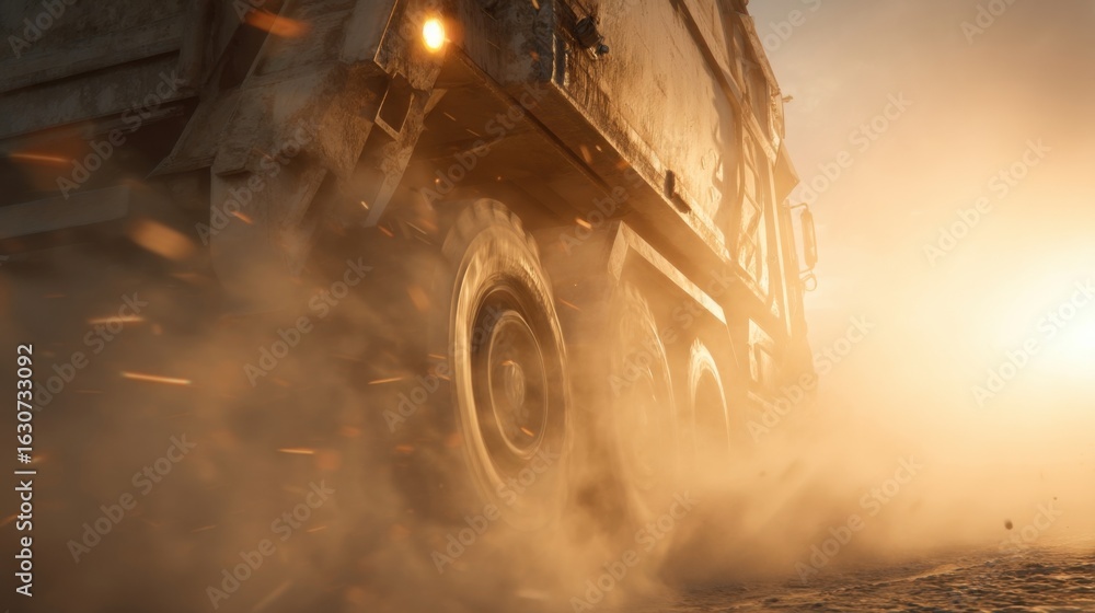 Poster a side view of a rotating concrete mixer with fine dust particles dancing in the sunlight signifying