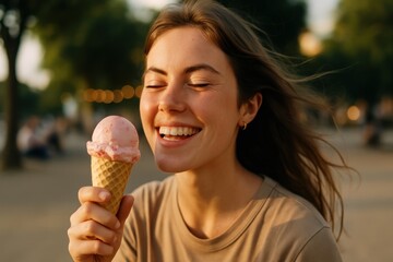 Joyful woman enjoying ice cream