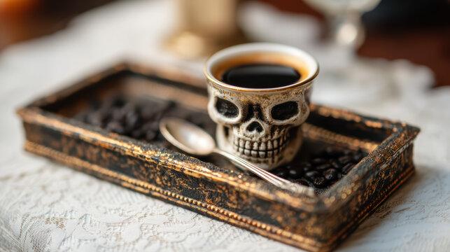 A skull-shaped cup filled with coffee sits on a decorative tray with coffee beans and a silver spoon on a lace tablecloth.