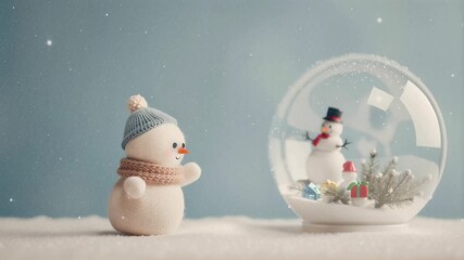 Cute snowman toy and winter snow globe on blue background. Christmas decoration, holiday season concept. Animated video with falling snow effect for greeting card - Powered by Adobe