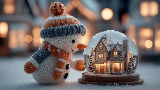 Cozy winter scene with snowman and illuminated house snow globe. Christmas decoration, holiday atmosphere. Festive home decor for New Year celebration. - Powered by Adobe