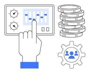 Hand manipulating control panel with sliders next to stacked coins and gear with team icon. Ideal for finance, management, teamwork, strategy, leadership, investment, innovation. Simple flat metaphor