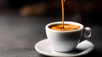 A close-up shot of rich espresso being poured into a white cup on a matching saucer, highlighting the creamy texture and warm tones.