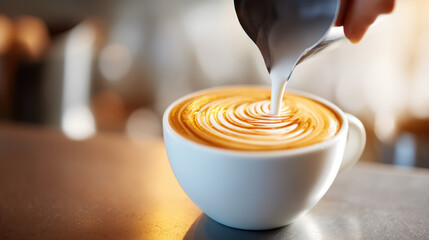 A close-up of a hand pouring steamed milk into a cup of coffee, creating intricate latte art patterns on the frothy surface.