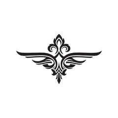 Fototapeta premium Elegant black ornate decorative flourish with symmetrical wings and floral elements on a white background