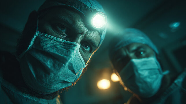 A dramatic close-up of two surgeons during a critical medical operation