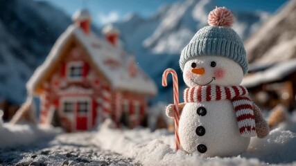 Cheerful snowman figurine with candy cane in winter village scene. Christmas decoration, holiday ambiance. Cozy snowy miniature landscape for festive home decor. - Powered by Adobe