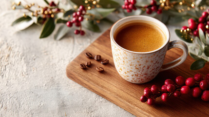 A warm cup of coffee in a patterned mug sits on a wooden board surrounded by festive red berries and green leaves on a textured surface.
