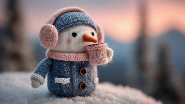 Cute snowman toy in winter scene at sunset. Knitted figurine with earmuffs and scarf on snowy background. Christmas decoration and holiday season concept