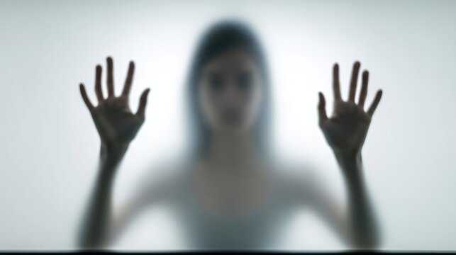 A ghostly silhouette presses her hands against a frosted glass surface, creating a sense of mystery.