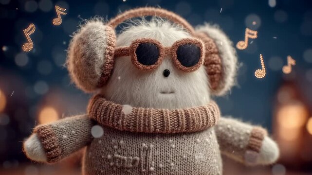 Cozy winter monkey toy with sunglasses and knit sweater. Festive holiday animation with musical notes. Christmas decoration and gift concept for children.