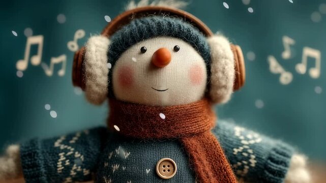 Cheerful snowman figurine with earmuffs and scarf enjoying music. Winter holiday decoration. Festive Christmas ornament concept with musical notes and falling snow.