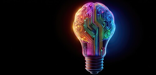 A glowing lightbulb, shaped like a brain, with colorful circuit traces