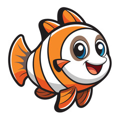 Cheerful orange and white striped clownfish black blue eyes