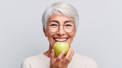 Happy senior woman holding a green apple and smiling widely, showing healthy teeth.