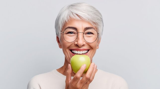 Happy senior woman holding a green apple and smiling widely, showing healthy teeth.