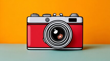 Red camera with a black lens is on a yellow background. The camera is drawn in a cartoon style