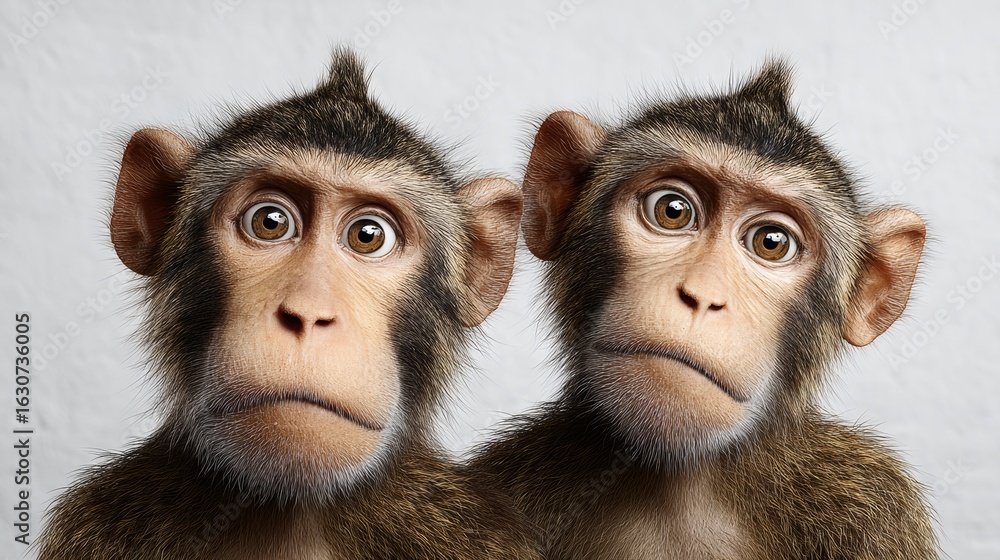 Poster two monkeys with their eyes wide open and looking at the camera. the image has a playful and curious