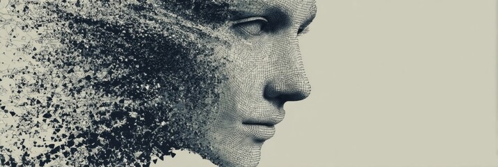 Artistic Representation of a Fragmented Human Face Showcasing the Concept of Digital Transformation in the Modern World