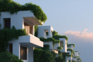 modern architectural facades without people emphasizing ecofriendly buildings with green roofs integrated into