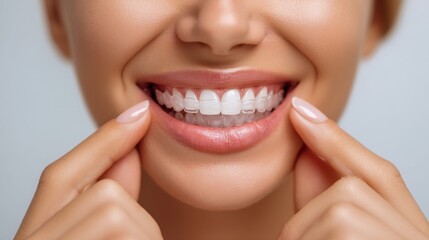Close-up of a woman smiling with invisible aligners for teeth straightening, showing off healthy teeth.