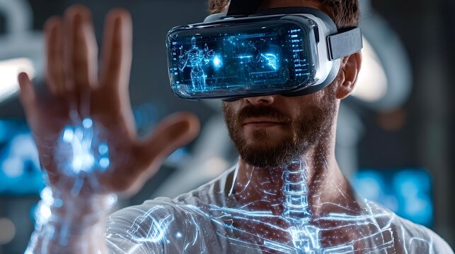 Doctor wearing vr headset is exploring human anatomy in augmented reality