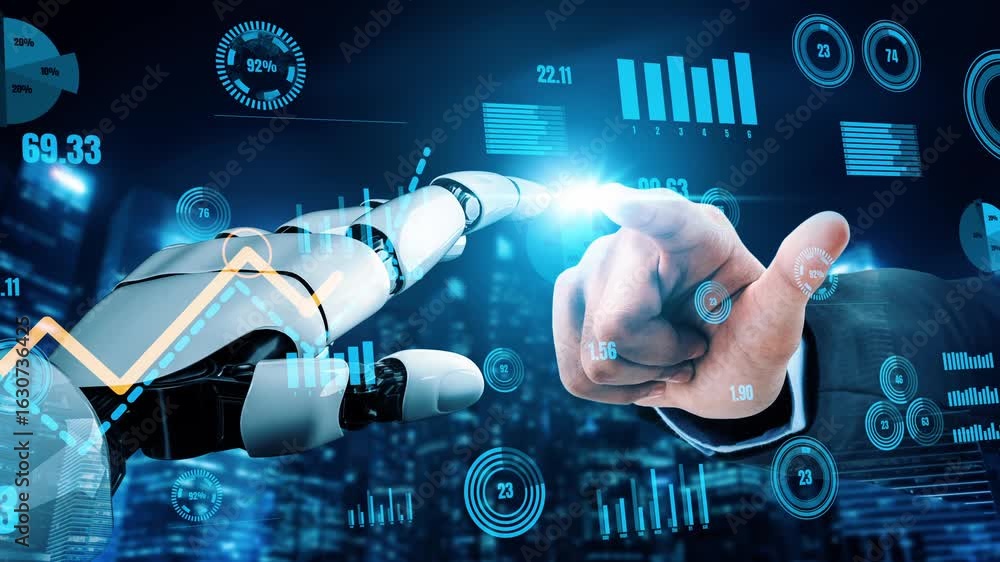 Poster this image captures the interaction between a human hand and a robotic hand against a backdrop of di