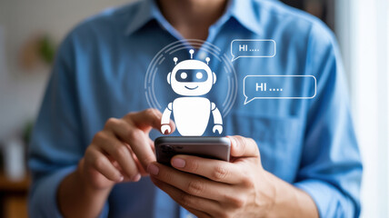 Person using a smartphone interacting with a holographic ai chatbot assistant for digital communication