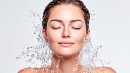 Naklejka premium Beautiful woman enjoying a refreshing water splash on her face.