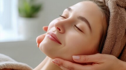 A woman enjoying a facial massage with eyes closed, promoting relaxation and skin care.