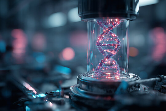 A glowing DNA strand is inside a glass tube