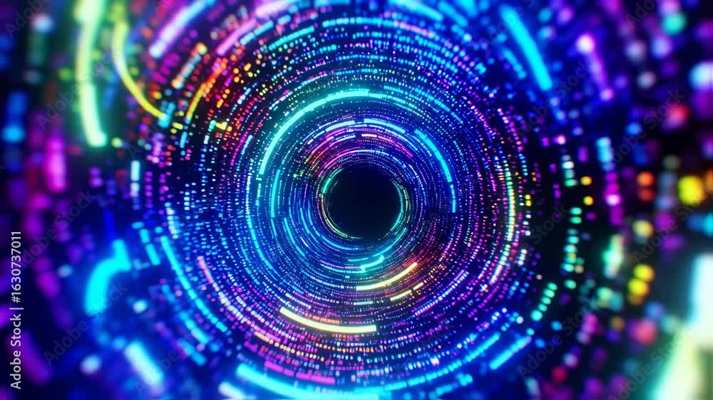 Wall mural dynamic journey through a futuristic digital tunnel of glowing neon data particles and light trails.