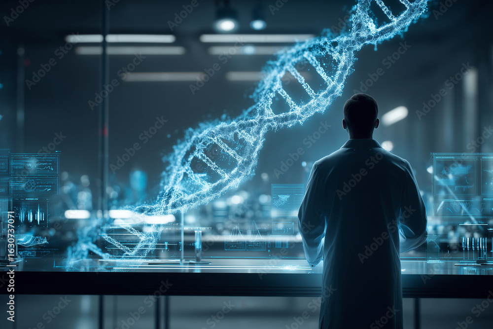 Poster a man in a lab coat stands in front of a computer screen displaying a dna strand