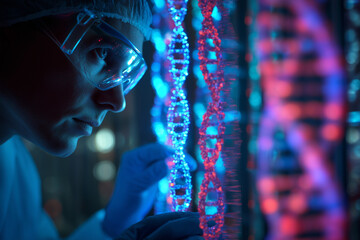 A woman wearing a lab coat and goggles is looking at a strand of DNA