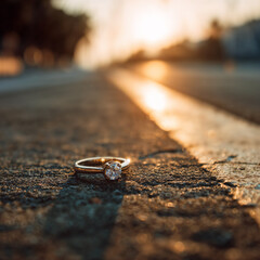 Close-up of engagement ring with sparkling diamond thrown on the road
