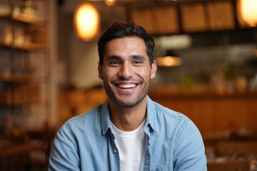 Portrait of a smiling man in casual shirt looking at camera in a blurred restaurant