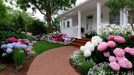 Beautiful garden with a white house and a red brick walkway. The walkway is lined with flowers and plants, including pink and white hydrangeas. The garden is well-maintained