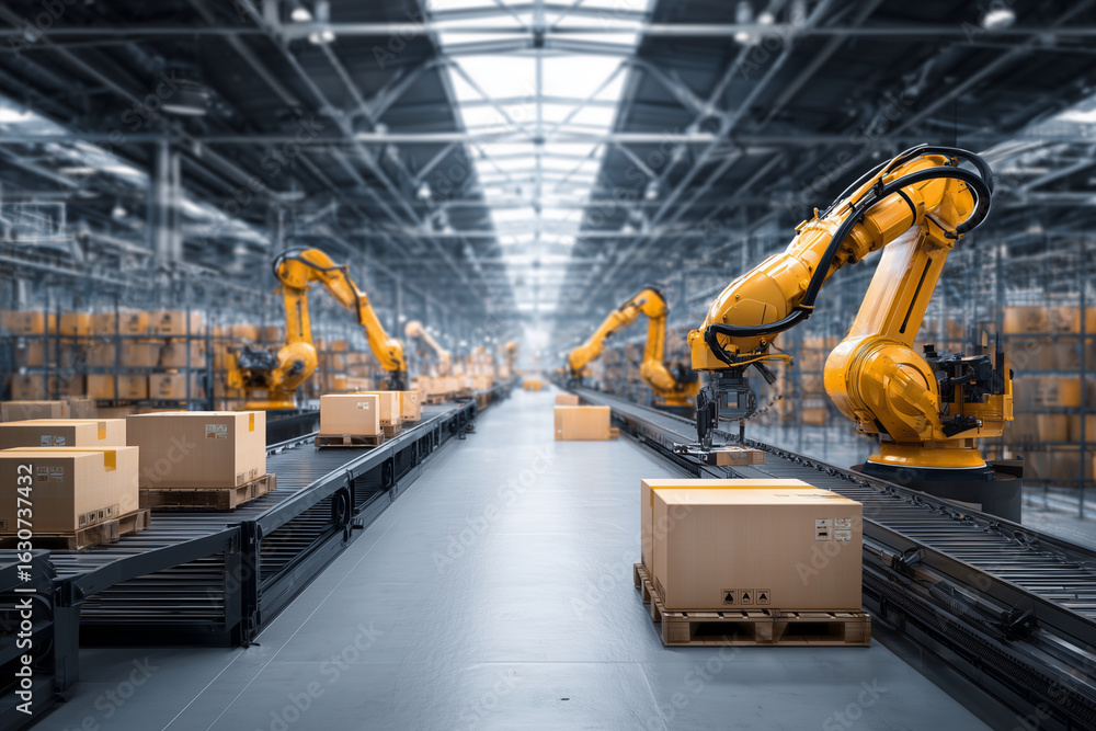 Poster a factory with robots working on a conveyor belt