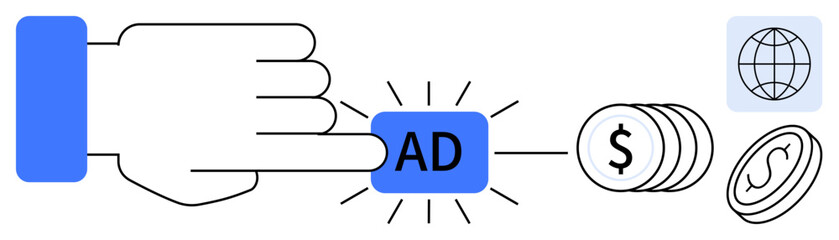 Hand pressing ad button with rays, leading to dollar coins and globe. Ideal for marketing, monetization, global reach, advertising, revenue generation, online sales digital strategy. Clean simple