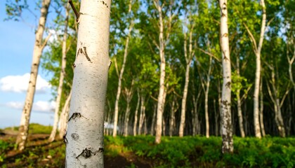 Fototapeta premium Birch forest scene, sunlight filtering through leaves, focus on a single tree trunk